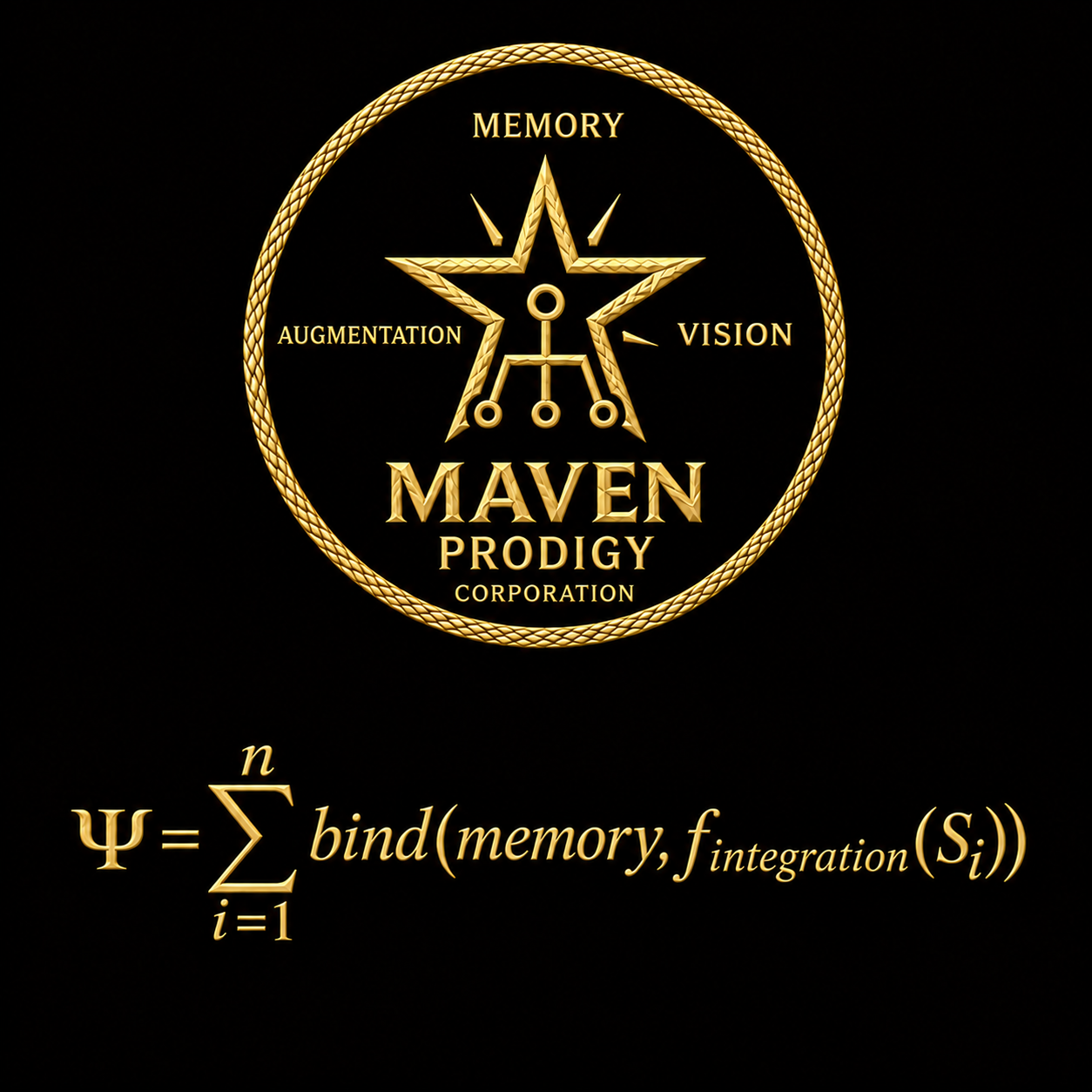 MAVEN PRODIGY Algorithmic Corporation emblem and intelligence integration equation